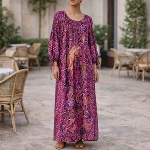 D’Ascoli Bird Print Silk Maxi Dress Pink Purple Size Medium